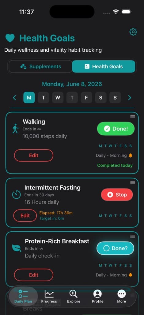 Vitakai Daily Plan Health Goals tab showing walking marked done for the day, intermittent fasting in progress, and a protein-rich breakfast habit — today's concrete small steps mid-execution