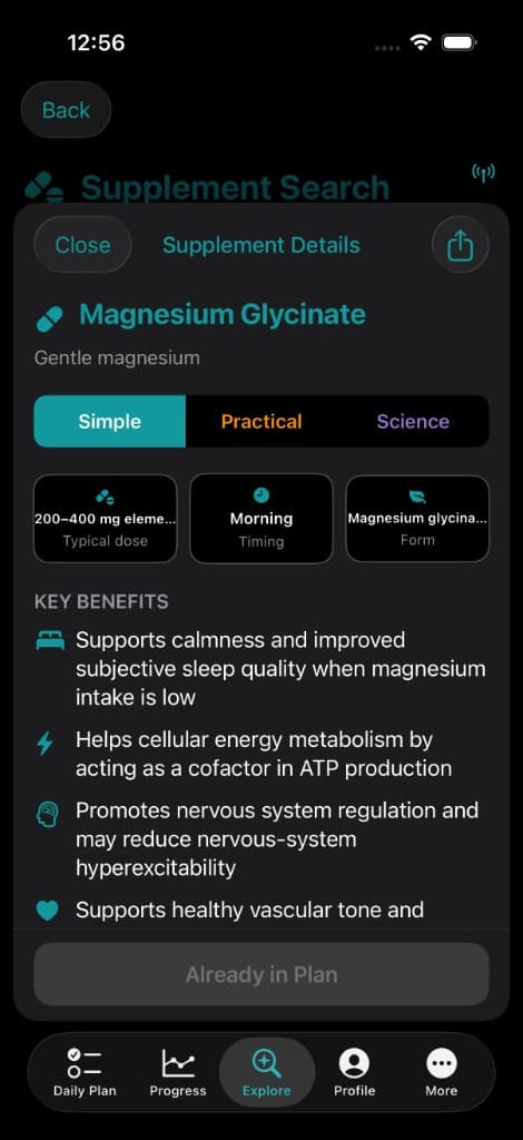 Vitakai Supplement Details for Magnesium Glycinate on the Simple tab, showing typical dose 200 to 400 mg elemental, Morning timing, and plain-language Key Benefits covering calmness and sleep quality, cellular energy via ATP, nervous-system regulation, and vascular tone