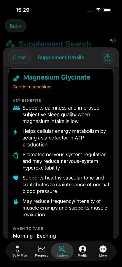 Vitakai Magnesium Glycinate Supplement Details with five Key Benefits covering sleep quality, cellular energy, nervous-system regulation, vascular tone, and muscle function, plus a Morning and Evening dosing recommendation
