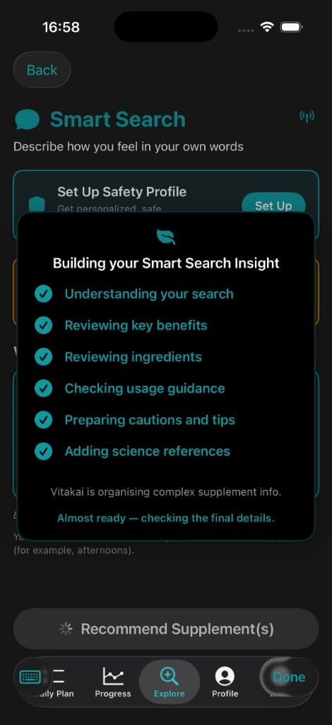 Vitakai building a Smart Search insight, showing checklist of analysis steps: understanding the search, reviewing benefits and ingredients, checking usage guidance, preparing cautions, and adding science references