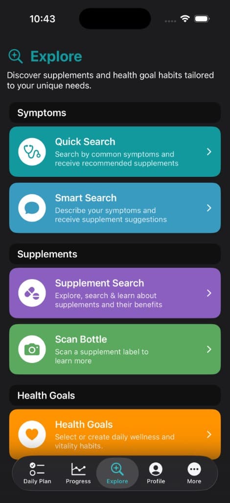 Vitakai Explore hub showing every key capability — Quick Search, Smart Search, Supplement Search, Scan Bottle, and Health Goals — accessible from one home screen